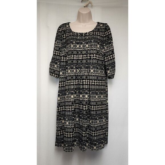 Perceptions New York black tan dress tucks Tribal pattern 3/4 sleeve Misses L - Picture 4 of 9